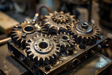 Group of metallic gears of different sizes are connected and working together