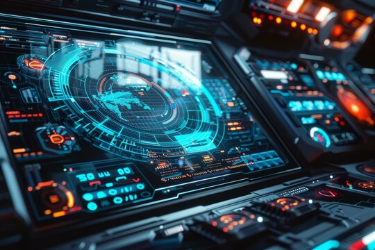 Futuristic control panel with a world map interface, visualizing data analysis and global connections in a spaceship