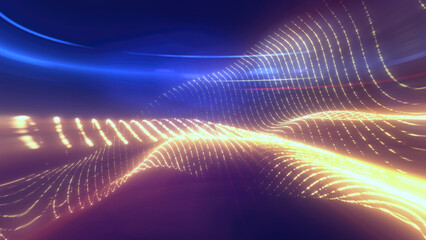 Yellow orange glowing energy waves from small particles and lines abstract background
