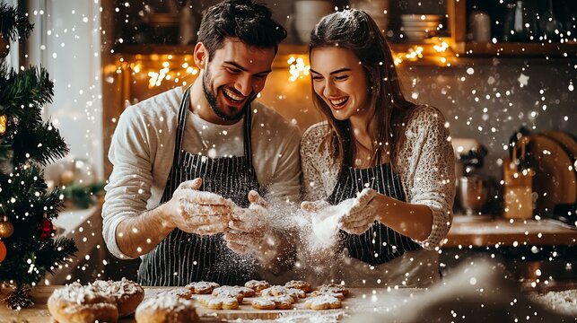 A couple baking Christmas cookies together, playfully tossing flour at each other in a warm kitchen