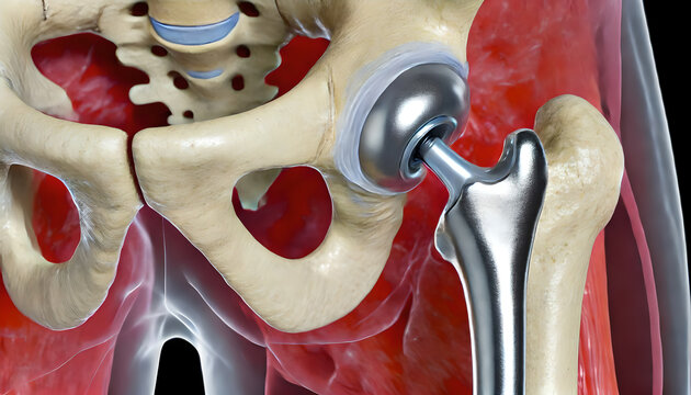 3D Bone: Hip replacement surgery, surgeon replacing damaged hip joint with prosthetic implant. focus on metal, plastic components of prosthetic, artificial ball and socket in place of natural joint.