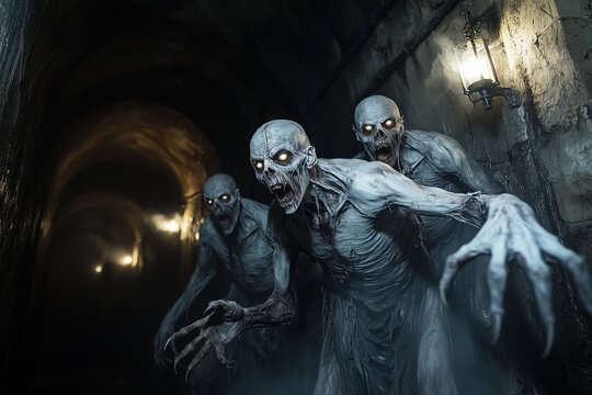 Horrifying Undead Figures with Burning Eyes Emerging from Shadowy Tunnel - Powered by Adobe