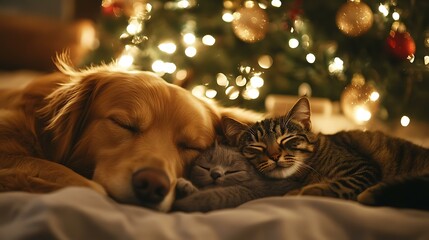 A dog and cat napping together in front of a glowing Christmas tree, creating a peaceful and funny moment
