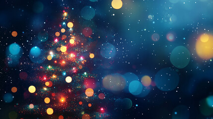 Obraz premium Abstract Christmas tree with bokeh lights and stars on blue background