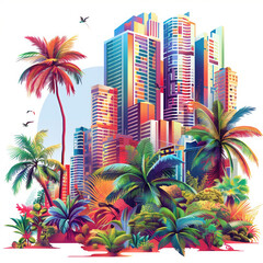 cityscape skyscrapers palms tropical buildings modern skyline urban colorful art architecture nature contrast vibrant city greenery illustration design downtown lush 