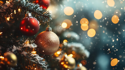 Christmas tree decorated with red and gold baubles on bokeh background