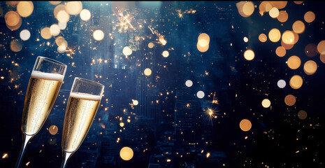 Two glasses of champagne toasting in the nigh with lights bokeh, glitter and sparks on the background