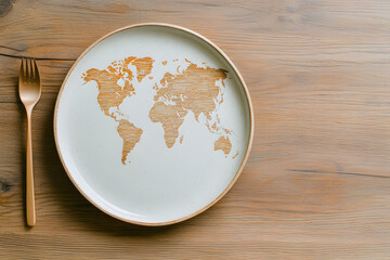 Plate with a World Map Accompanied by a Fork and Spoon | Global Cuisine and International Dining Concept