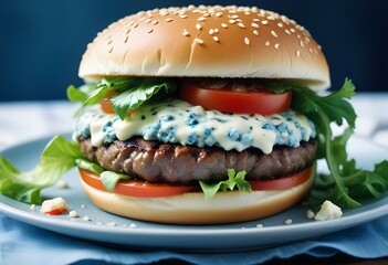A close-up of a cheeseburger with a beef patty, melted cheese, lettuce, and tomato on a sesame seed bun