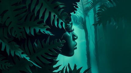 Mystical Woman with Nature, Surreal, Dark Green, Digital Art, Portrait