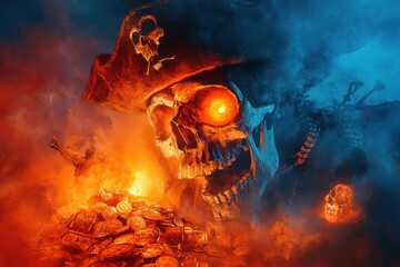 Phantom Pirate Captain Guarding Cursed Treasure in Moonlit Night - Watercolor Illustration of Spooky Nautical Scene