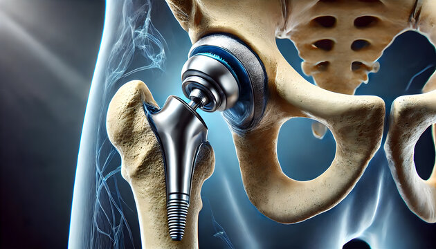 3D Bone: Hip replacement surgery, surgeon replacing damaged hip joint with prosthetic implant. focus on metal, plastic components of prosthetic, artificial ball and socket in place of natural joint.
