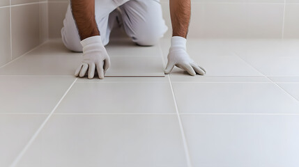 Professional Tile Worker Laying Ceramic Tiles | Skilled Tiling and Precision in Flooring Installation