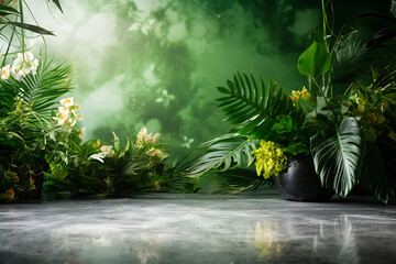 Obraz premium Abstract art vector illustration. Watercolor painting, children's wallpaper. Hand drawn plants. Palms, rainforest, leaves, flowers. modern Art.