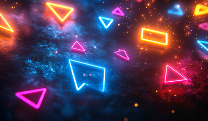 Obraz premium A colorful, neon-lit background with many different shapes, including triangles and squares. The shapes are arranged in a way that creates a sense of movement and energy. Scene is vibrant and dynamic