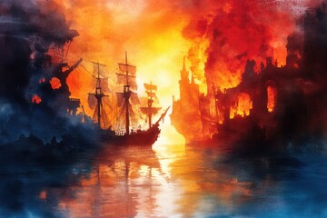 Obraz premium Ghostly Guardians of Cursed Pirate Treasure - Eerie Watercolor Illustration of Skeletons at Haunted Bay