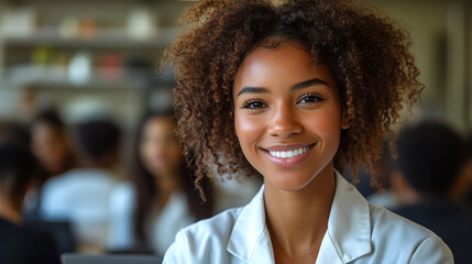 Fototapeta premium A woman with curly hair is smiling and wearing a white shirt. She is surrounded by other people, some of whom are looking at her
