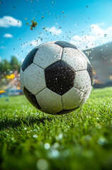 Fototapeta premium A soccer ball is in the air, with water droplets falling from it. Concept of excitement and action, as the ball is in the midst of a game or practice session