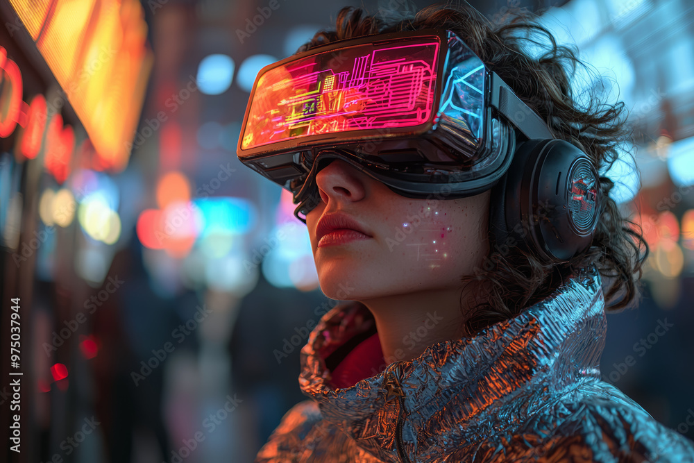 Poster a 1980s tech enthusiast exploring virtual reality and artificial intelligence, wearing retro tech ga