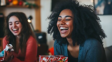 Friends exchanging funny gag gifts and laughing during a Christmas gift exchange