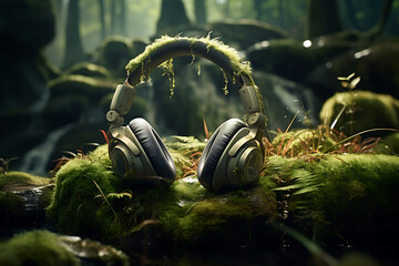 Naklejka premium Headphone on spring background.