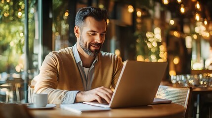 Man Working on Laptop at a Cozy Cafe