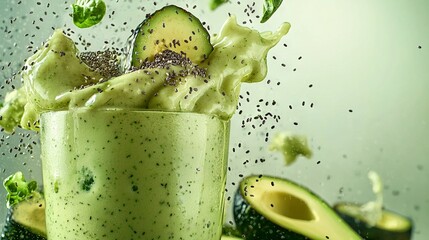   A green smoothie with avocado and sprinkled seeds in a tall glass