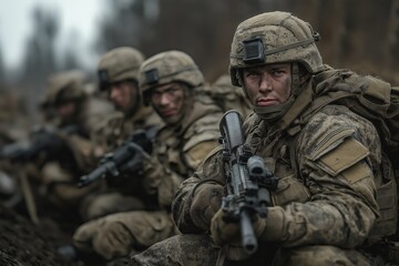Fototapeta premium Young soldiers in uniforms focused during military training exercises underovercast skies in an outdoor location