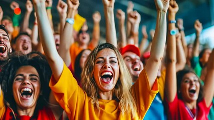A group of enthusiastic young fans, predominantly Caucasian, cheer loudly at a sports event. Shot during the day, the crowd showcases a bright and joyful atmosphere with vivid clothing adding to the - Powered by Adobe