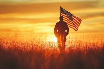 A soldier standing watch at sunset, silhouetted against a vibrant sky filled with clouds in a peaceful landscape