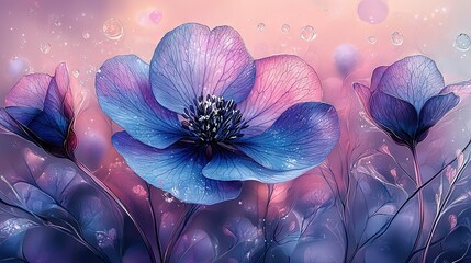   A painting of a blue and purple flower on a pink and purple background, with water bubbles on the petals