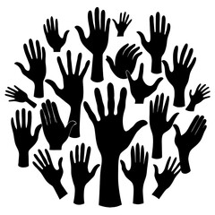 Multiple black silhouette hands are arranged in a circular pattern on a white background symbolizing diversity and the power of human connection