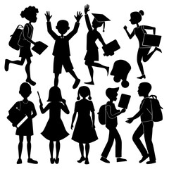 Obraz premium A collection of black silhouettes of students actively participating in diverse academic activities illustrating the vibrancy of school life and youth