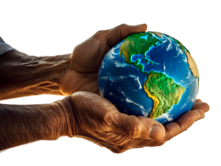 Old wrinkled hands holding planet earth, globe on the palm, eco environment, global connection, background, isolated on transparent background