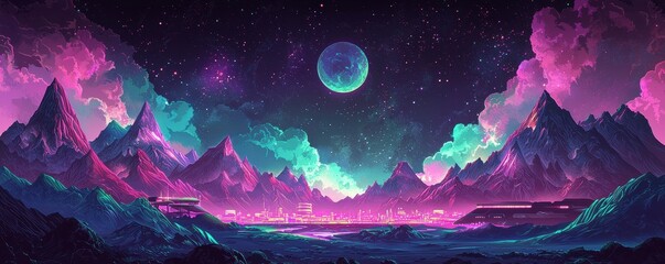A captivating illustration of an alien planet with futuristic cities, vibrant colors, and mountainous landscapes under a starry sky.