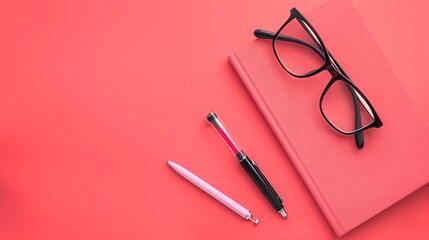 Flat lay of glasses, pens, and closed notebook on a red background