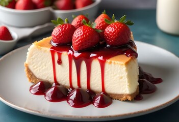 A close-up image of a cheesecake with a graham cracker crust, topped with fresh strawberries and drizzled with a dark red sauce or syrup