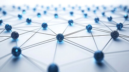   A set of blue spheres linked together on a white background with lines and spots surrounding them in the picture