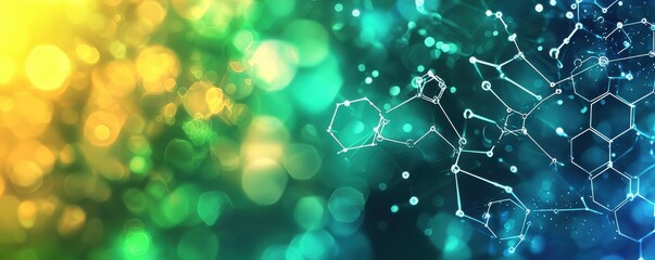 Abstract blue and green background with interconnected hexagons and bokeh lights creating a futuristic and vibrant texture