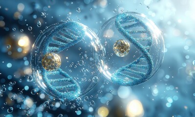 Blue background with a double helix and DNA structure representing genetics and molecular biology concepts in a scientific illustration