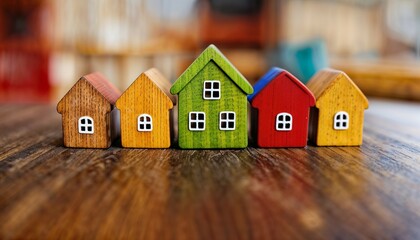 A row of wooden houses are lined up on a table. The houses are of different colors and sizes, and they are arranged in a row.