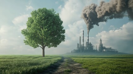 Green Tree vs. Factory Pollution. AI generated illustration