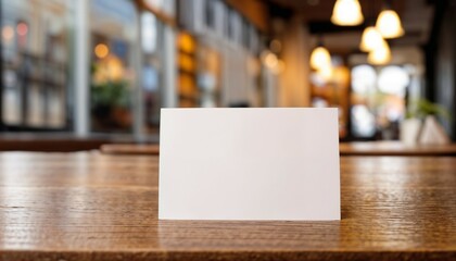 Blank white business card on wooden table in coffee shop background..