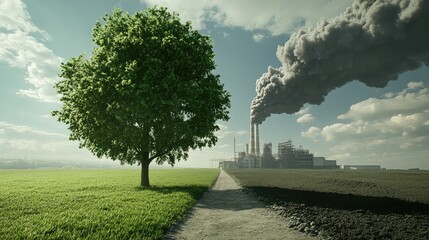Green Tree vs. Factory Pollution. AI generated illustration