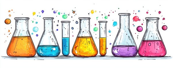 Colorful clip art illustration of science lab equipment with beakers and test tubes filled with vibrant liquids