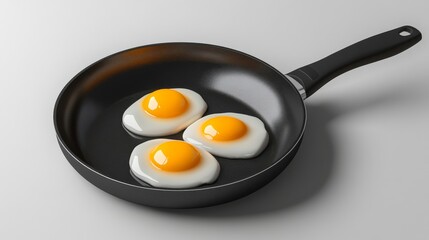 Fried eggs in a black frying pan on white background, culinary and breakfast concept