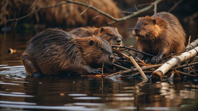 Beavers Building a Dam A family of beavers working together to construct a dam in a river, using branches and mud to create their home.