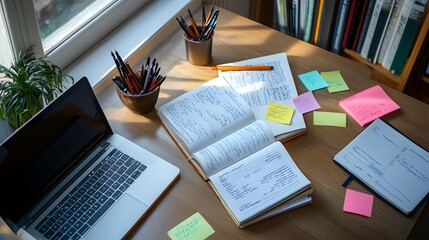 A Desk with an Open Laptop, Notebooks, Pens, and Sticky Notes