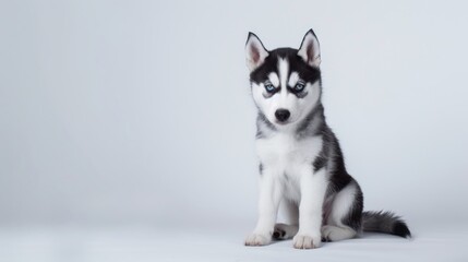 Naklejka premium Siberian husky puppy sitting calmly on a seamless white background