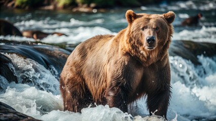 Grizzly Bears Fishing in a River A grizzly bear standing in the middle of a fast-flowing river.